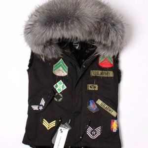 Army style winter Vest, fur raccoon trim hood NWOT